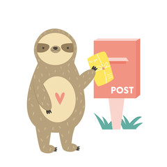 Funny cute sloth sending postcard. Design for print, greeting card, invitations