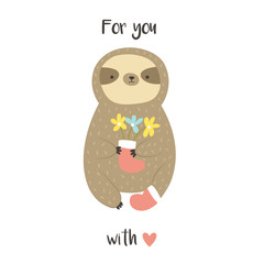 Cute sweet sloth with bunch of flowers in a boot. © danceyourlife
