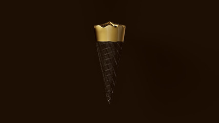 Gold Leaf Ice Cream with Black Cone and Black Chocolate Chips 3d illustration 3d render