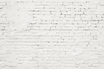 White Rustic Texture. Retro Whitewashed Old Brick Wall Surface. Vintage Structure. Grungy Shabby Uneven Painted Plaster. Whiten Facade Background. Design Element.