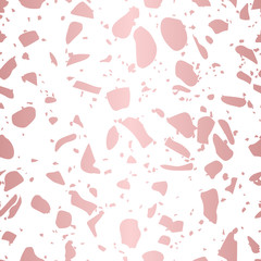 Rose gold terrazzo seamless pattern. Vector metallic foil texture with randomly scattered spots, sprinkles. Mosaic flooring pattern. Trendy background in pastel colors, pink, copper, blush, white