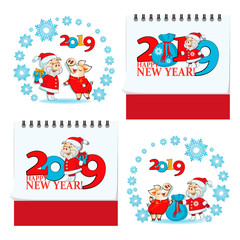 Funny pigs on the eve of the New Year 2019. Chinese characters 2019. YEAR YELLOW PIGS. Set for calendar, greeting cards, holiday gifts with greeting.