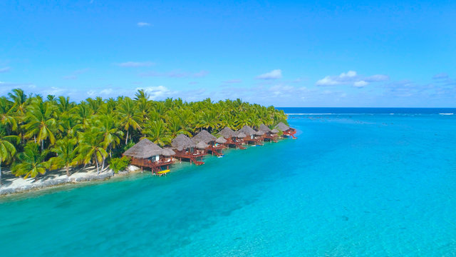 DRONE: Lush palm trees surround the oceanfront bungalows in sunny Cook Islands.