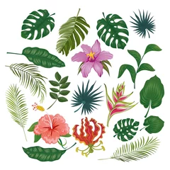 Stof per meter Tropische planten Leuke tropische stickers en etiketten op witte achtergrond. Zomer set bladeren en bloemen. vector illustratie