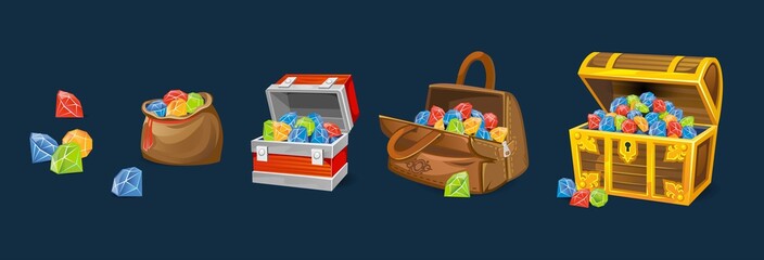 Gems chests set on blue background. Cartoon money chests for games, books etc. Vector illustration