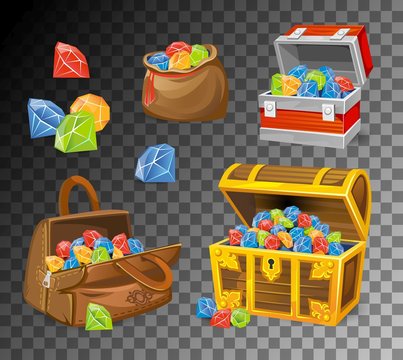Gemstone and crystal chests set on transparent background. Cartoon money chests for games, books etc. Vector illustration﻿
