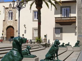 Printed roller blinds Canary Islands Statues, canary dogs, Plaza Santa Ana, Vegueta, old town of Las Palmas, Las Palmas de Gran Canaria, Gran Canaria, Canary Islands