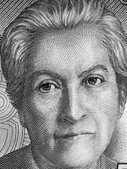 Gabriela Mistral portrait on Chile 5000 peso banknote close up. Chilean poet, 1945 Literature Nobel...