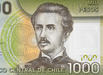 Chilean 1000 peso (2011) banknote close up, Ignacio Carrera Pinto, Chile money currency.