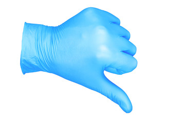 a photo of isolated hand glove thumb down / hand in the position your finger down