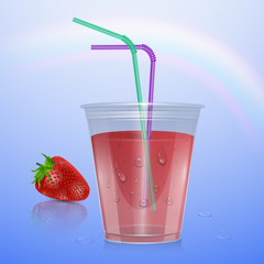 Juice mockup, smoothie cup isolated on transparent background, 3d illustration. Realistic plastic Cup with strawberry juice, vector illustration
