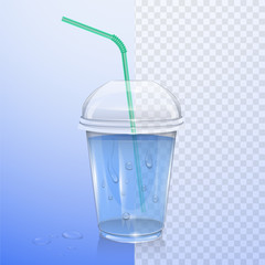 Realistic plastic cup with clean water. Vector Illustration on transparent background.