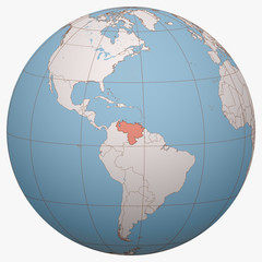 Venezuela on the globe. Earth hemisphere centered at the location of the Bolivarian Republic of Venezuela. Venezuela map.