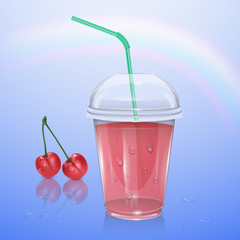 Juice mockup, smoothie cup isolated on transparent background, 3d illustration. Realistic plastic Cup with cherry juice, vector illustration