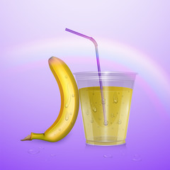 Realistic banana juice in a plastic Cup. Vector illustration with banana and Cup of juice