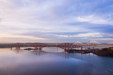 Three bridges, Forth railway Bridge, Forth Road Bridge and Queensferry Crossing, over Firth of Forth near Queensferry in Scotland