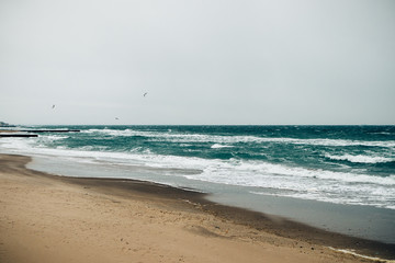 Overcast winter seascape with foamed waves
