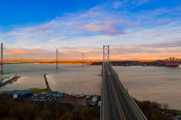 Three bridges, Forth railway Bridge, Forth Road Bridge and Queensferry Crossing, over Firth of...