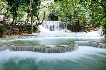 The Kuang Si Falls, sometimes spelled Kuang Xi or known as Tat Kuang Si Waterfalls, a three levelled waterfall south of Luang Prabang, Laos
