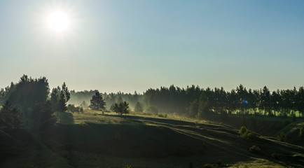 Landscape, spring morning, fog in the meadow