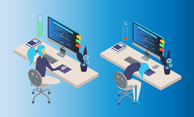 Handsome young girl character full of energy to work. Vector flat cartoon illustration, Feeling exhausted. Tired young woman sitting at his working place with computer in office.