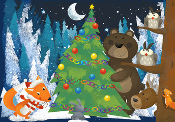 winter scene with forest animals reindeers bear and fox near christmas tree - traditional scene - illustration for children