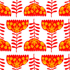 red folk style flowers on a white color
