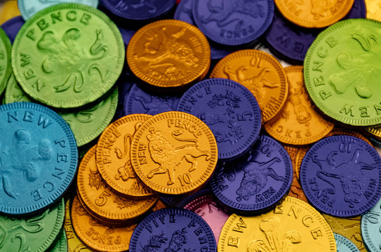 Bright coloured chocolate coins penny