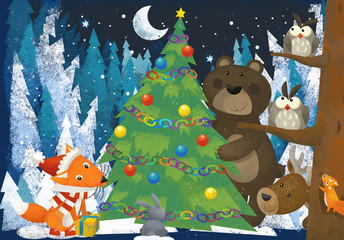 winter scene with forest animals reindeers bear fox and owl near christmas tree - traditional scene - illustration for children