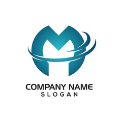 Letter M with aircraft route line accent for aviation and various logo icon template