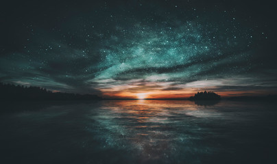 Sterren weerspiegeld in het water van de archipel tijdens zonsondergang