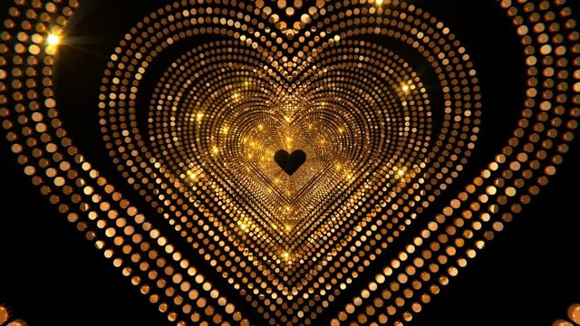 Flying through the luxury gold heart tunnel stage 4K seamlessly looping video