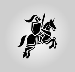 Knight with sword and shield on a horse - obrazy, fototapety, plakaty