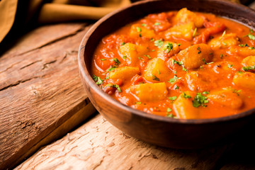 Indian food - Aloo curry masala. Potato cooked with spices and herbs in a tomato curry. served in a bowl over moody background. selective focus