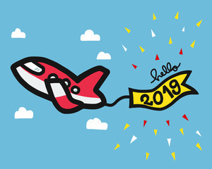 Hello 2019 airplane cartoon vector illustration