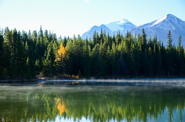 秋のカナディアンロッキー　朝のハーバート湖（バンフ国立公園　カナダ・アルバータ州）
