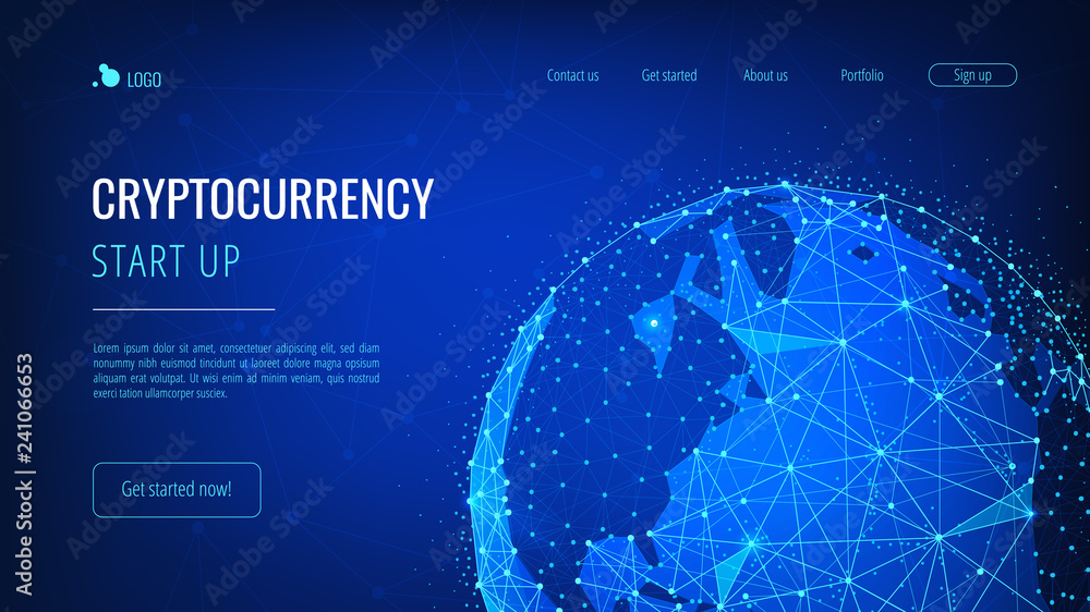 Poster blockchain technology futuristic hud background with world globe and blockchain polygon peer to peer
