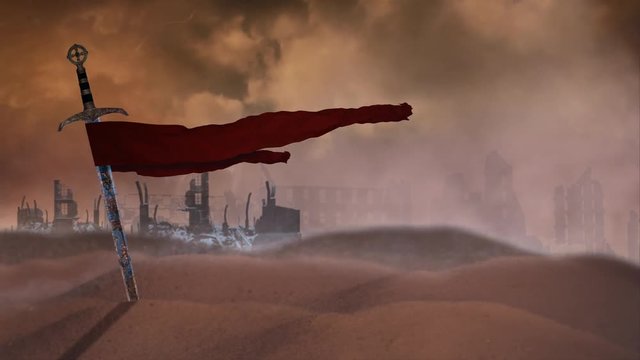 Sword in the Desert with Ruins 4K features a desert scene with a sward buried in the sand in a storm with a red cloth flapping in the wind with ruins in background