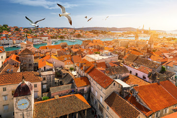 View at town Trogir, old touristic place in Croatia Europe with seagull's flying over city. Trogir...