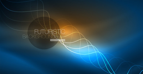 Glowing abstract wave on dark, shiny motion, Christmas and New Year magic space light. Techno abstract background