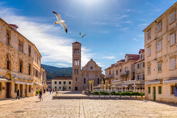 Main square in old medieval town Hvar with seagull's flying over. Hvar is one of most popular tourist destinations in Croatia in summer. Central Pjaca square of Hvar town, Dalmatia, Croatia. - obrazy, fototapety, plakaty