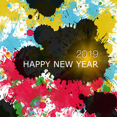 Happy New Year 2019, a variety of colors, color drops