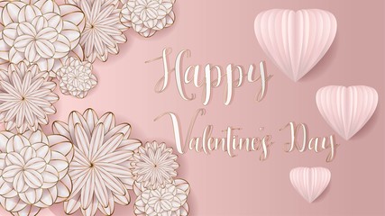 Happy valentine's day -Pink  flower with  pink heart and text love  paper cut style - vector