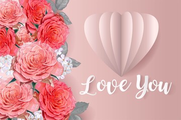 Happy valentine's day -Pink roses and white flower with  pink heart and text love  paper cut style - vector