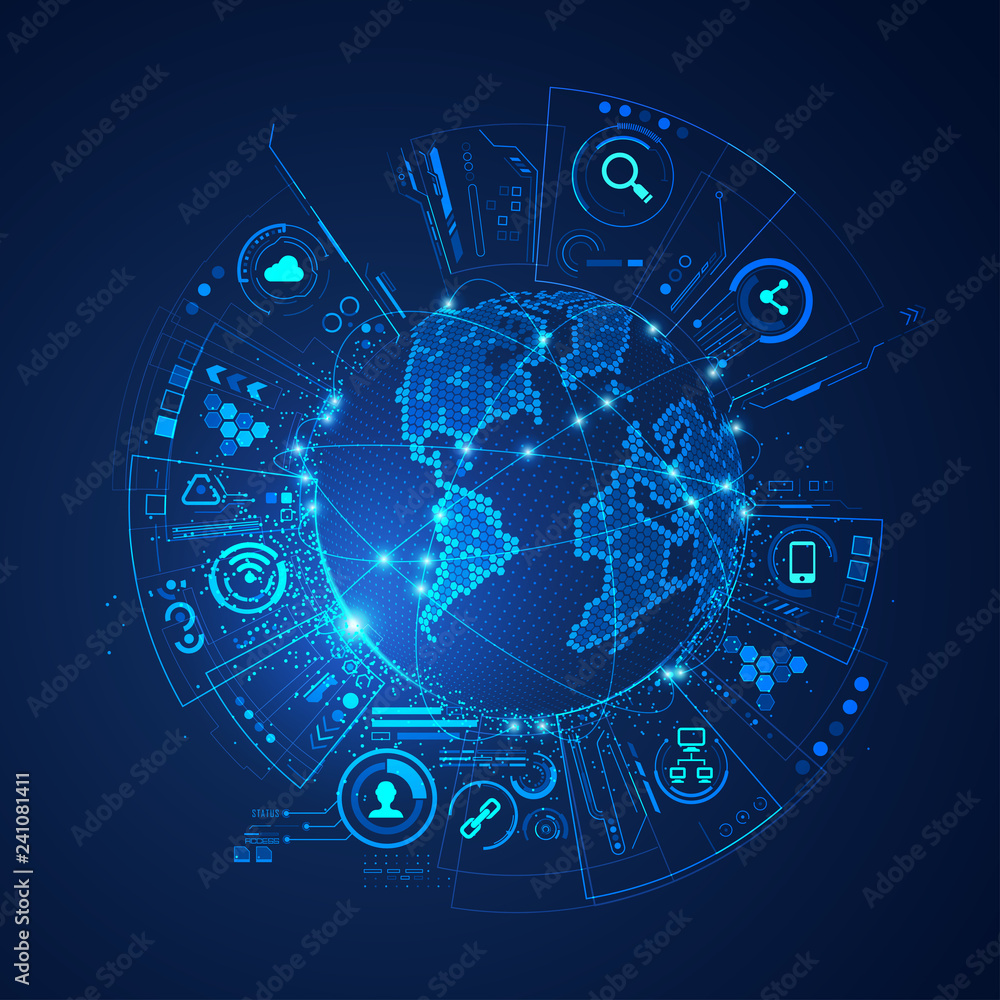 Aufkleber concept of communication technology or global network, futuristic globe with digital technology inte
