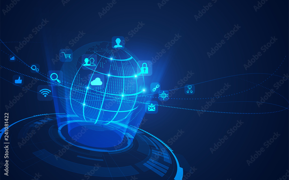 Poster concept of communication technology or global network, futuristic globe with digital technology icon