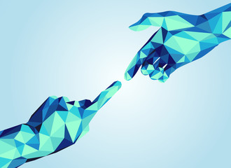 blue polygon hand pointing to each other, concept of communication technology
