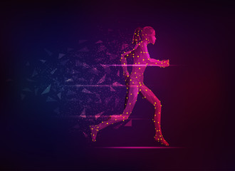Fototapeta na wymiar concept of sport science, polygon female athlete running with lighting effect