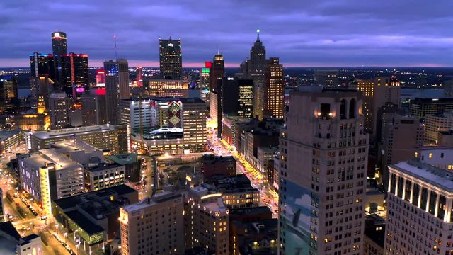 Skyline of Detroit Michigan at sunset aerial .