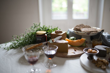 Table filled with great Norwegian food and cheeses
